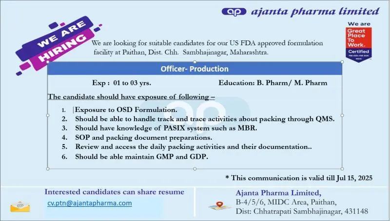 Ajanta Pharma Hiring Production (OSD Formulation) 2 Ajanta Pharma Hiring Production (OSD Formulation)