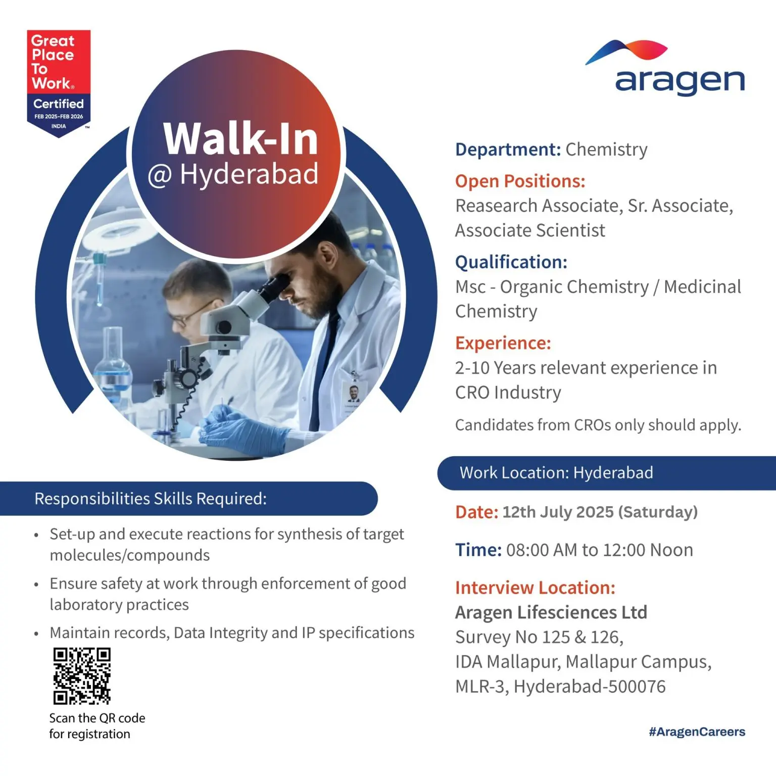 Aragen Lifesciences Walk-in Research Associate, Sr. Associate, Scientist 2 Aragen Lifesciences Walk-in Research Associate, Sr. Associate, Scientist