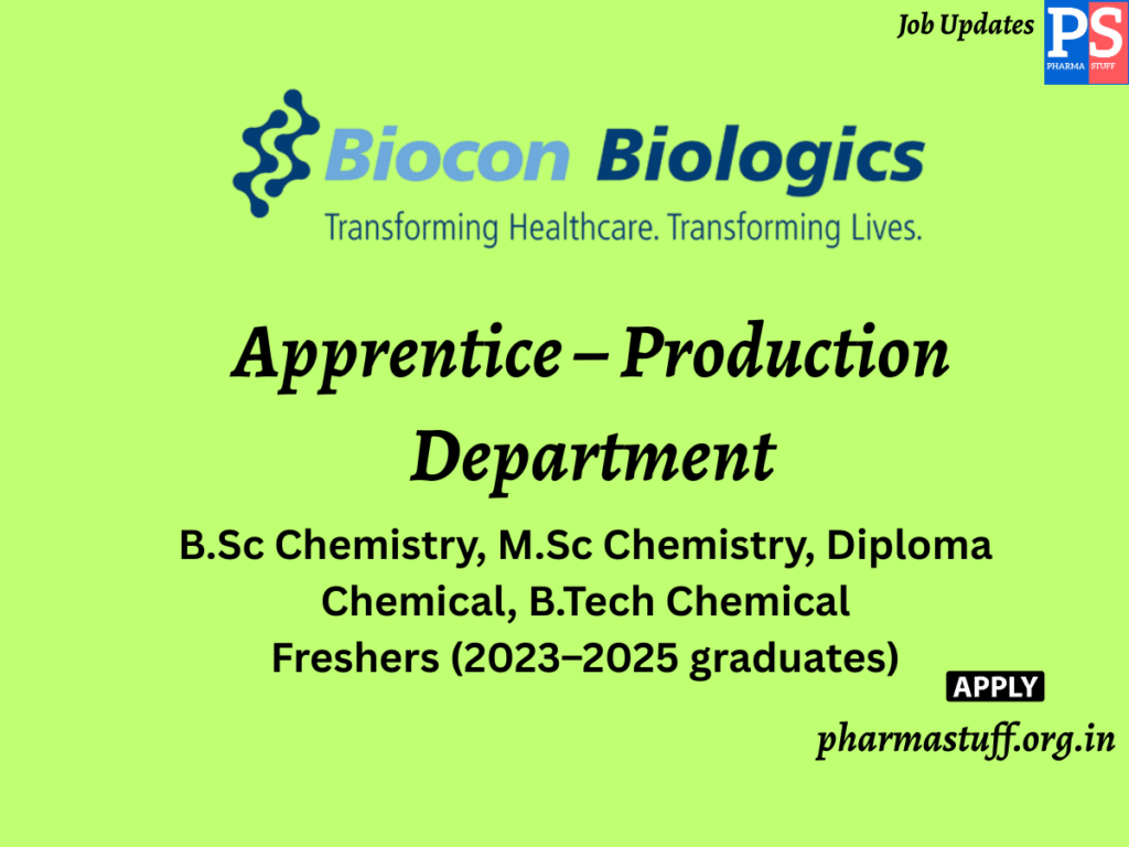 Biocon Walk-in Apprentice – Production Department
