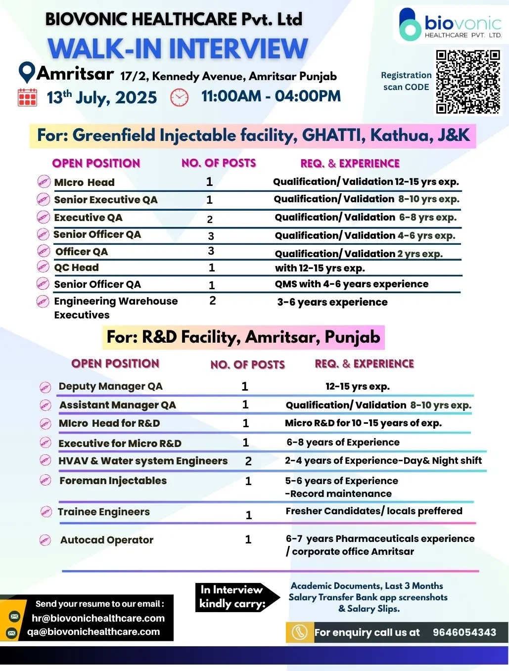 Biovonic Healthcare Walk-In QA, QC, Microbiology, Engineering, Warehouse, R&D 2 💼 Biovonic Healthcare Pvt. Ltd. is hiring across QA, QC, Microbiology & Engineering for its Greenfield Injectable Facility (Kathua, J&K) and R&D Centre (Amritsar, Punjab) 🌍Company Name: Biovonic Healthcare Pvt. Ltd.
Job Title: Multiple Roles (QA, QC, Micro Head, Engineers)
Required Education: Pharmacy / Life Sciences background
Experience Required: 2–15 years
Location: Kathua (J&K) & Amritsar (Punjab)
Current Vacancies:
➡️ QA/QC Officers to Managers
➡️ Microbiology Heads, R&D Executives
➡️ HVAC, Water System, Autocad Operators & Trainee Engineers
🗓️ Walk-In: 13th July 2025, 11:00 AM–4:00 PM
📍 Venue: 17/2, Kennedy Avenue, Amritsar
📧 Apply: hr@biovonichealthcare.com | qa@biovonichealthcare.com
📞 Enquiry: 9646054343
🚀 Join us to shape next-gen injectable innovations!
#QAJobs #QCJobs #InjectableManufacturing #PharmaCareers #NowHiring #BiovonicHealthcare #WalkInInterview
Ask ChatGPT
Biovonic Healthcare Walk-In QA, QC, Microbiology, Engineering, Warehouse, R&D (1)