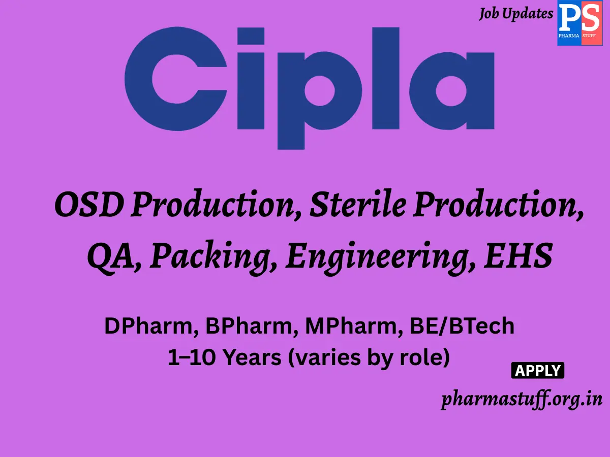 Cipla Walk In OSD Production Sterile Production QA Packing Engineering EHS