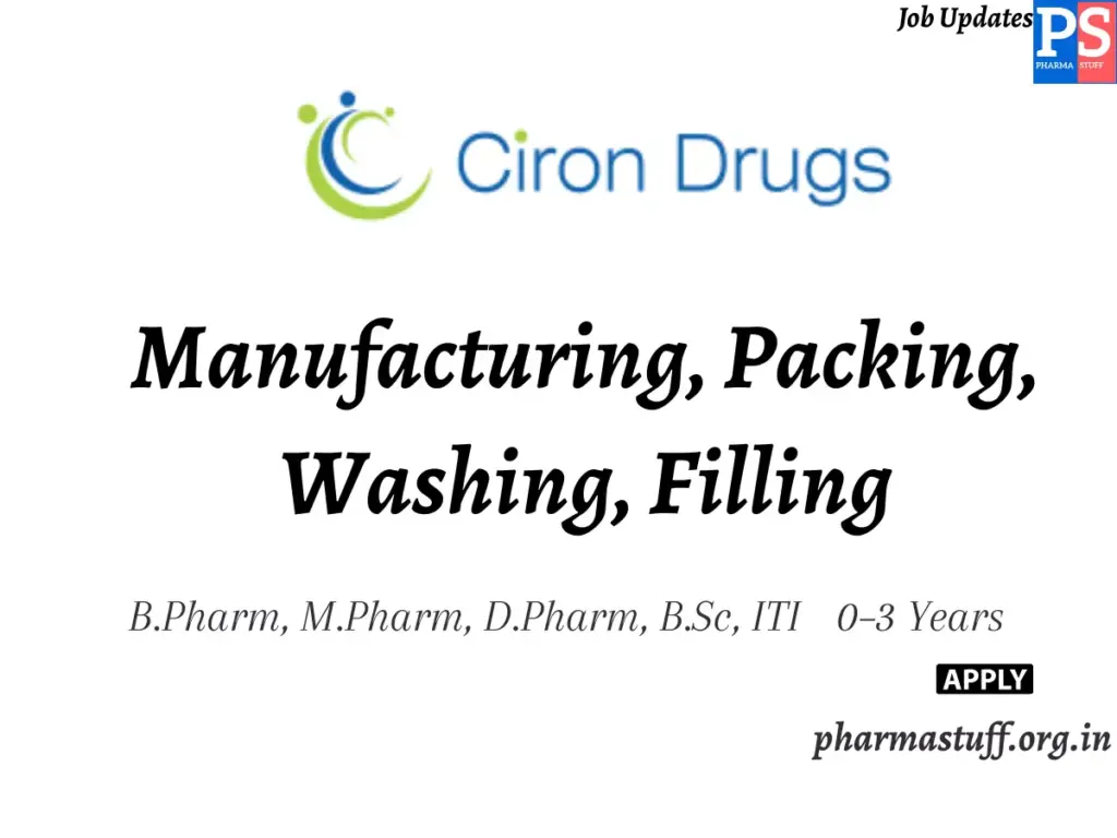 Ciron Drugs & Pharmaceuticals Hiring Manufacturing, Packing, Washing, Filling
