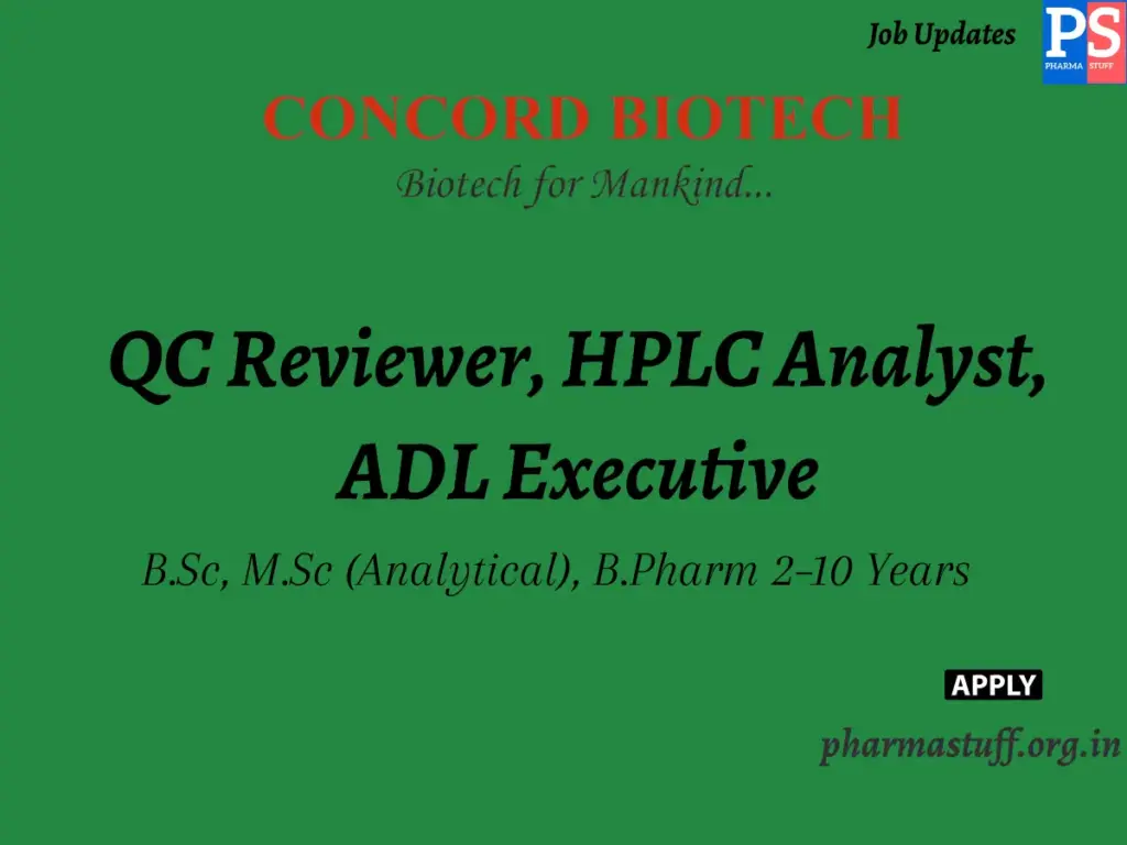 Concord Biotech Walk-in QC Reviewer, HPLC Analyst, ADL Executive