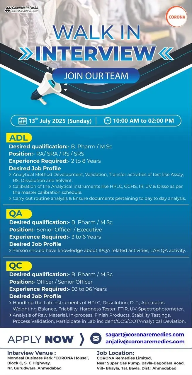 Corona Remedies Walk-in ADL, QA, QC Departments 2 Corona Remedies Walk-in ADL, QA, QC Departments