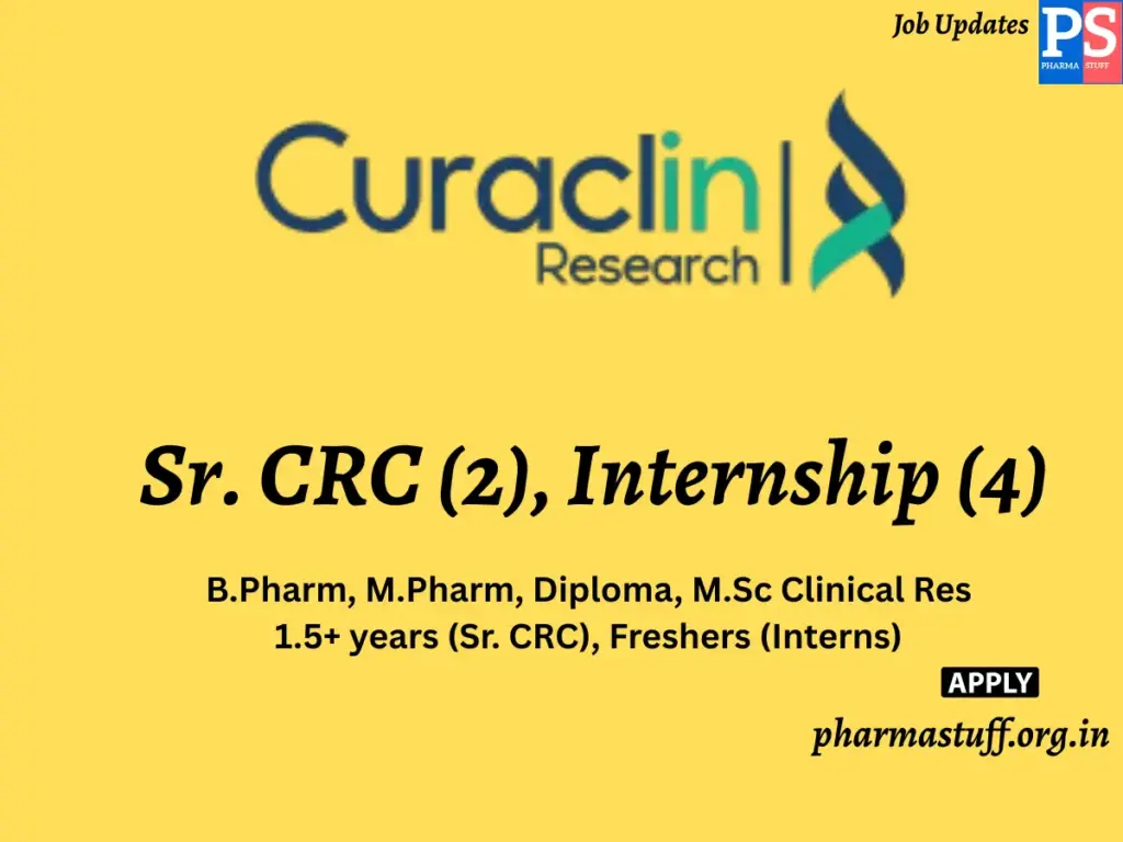 Curaclin Research Hiring Sr. CRC (2), Internship (4)