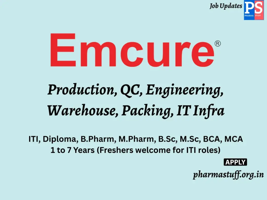 Emcure Pharmaceuticals Walk-In Production, QC, Engineering, Warehouse, Packing, IT Infra