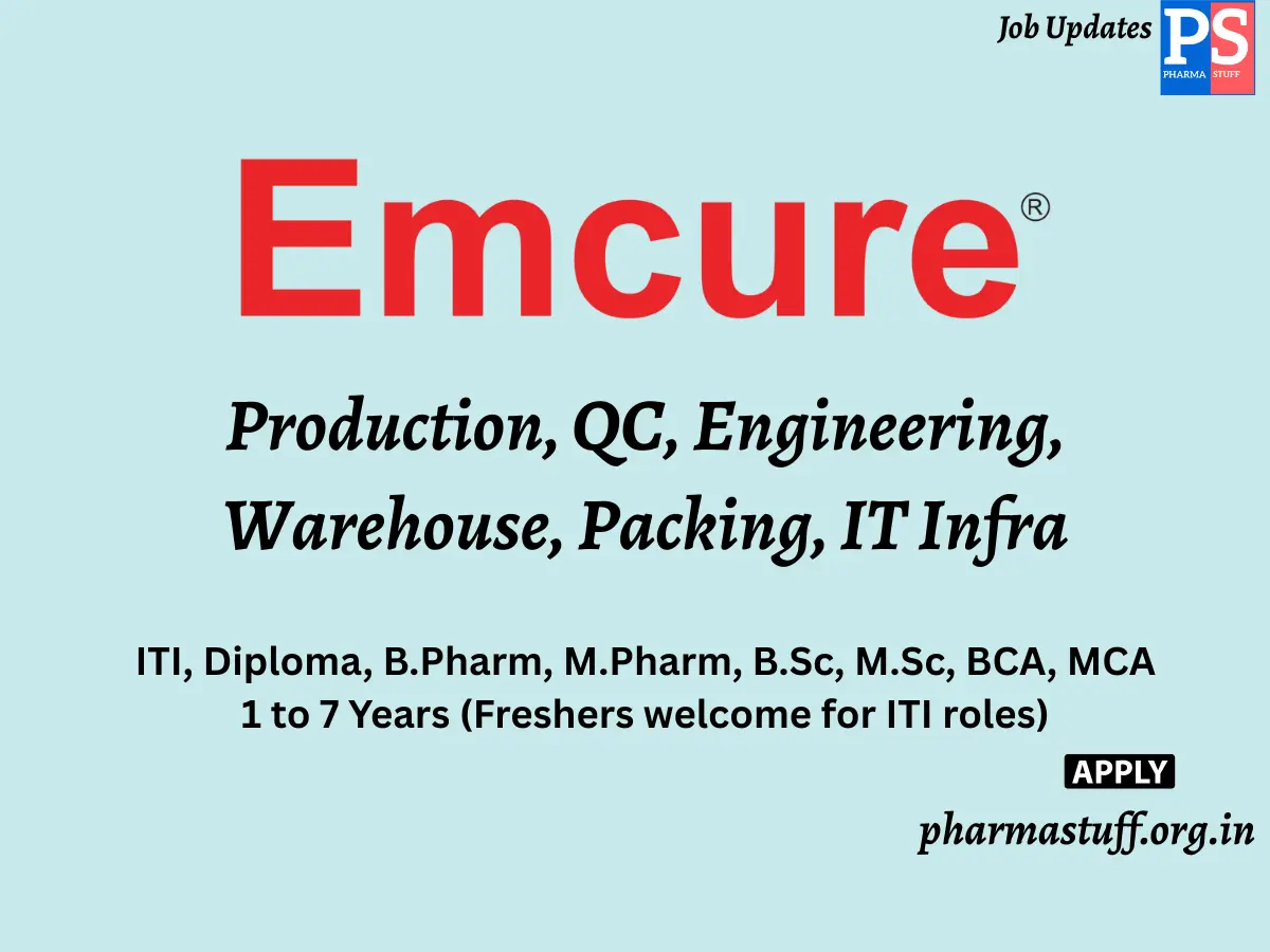 Emcure Pharmaceuticals Walk In Production QC Engineering Warehouse Packing IT Infra