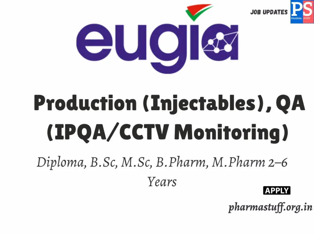 Eugia Pharma Walk-in Production (Injectables), QA (IPQA/CCTV Monitoring)