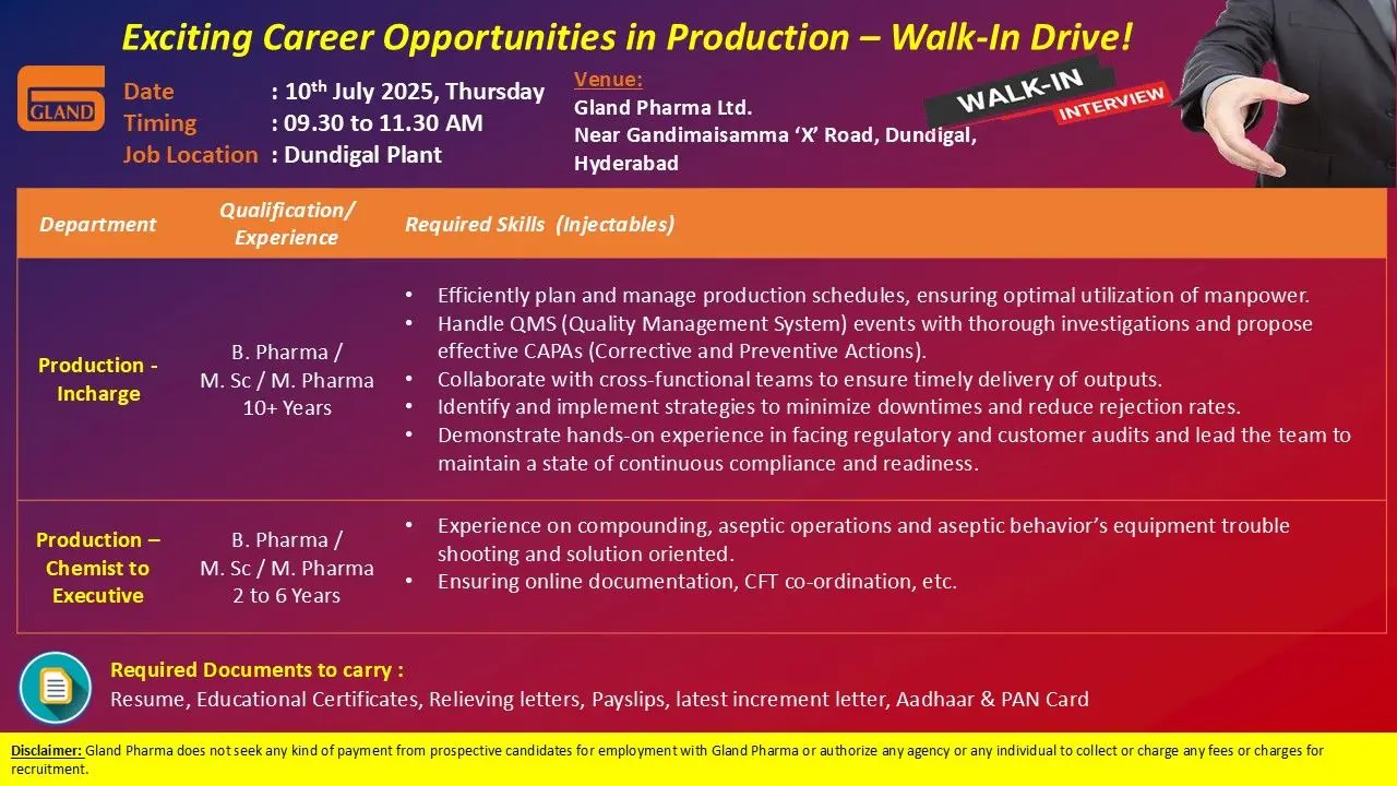 Gland Pharma Walk-In Production Incharge Chemist to Executive 2 Gland Pharma Walk-In Production Incharge Chemist to Executive