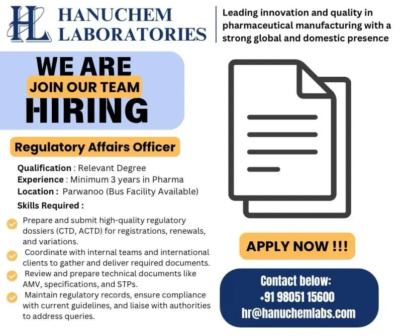 Regulatory Affairs Officer Jobs at Hanucem Laboratories 2 Hanucem Laboratories Regulatory Affairs Officer Jobs