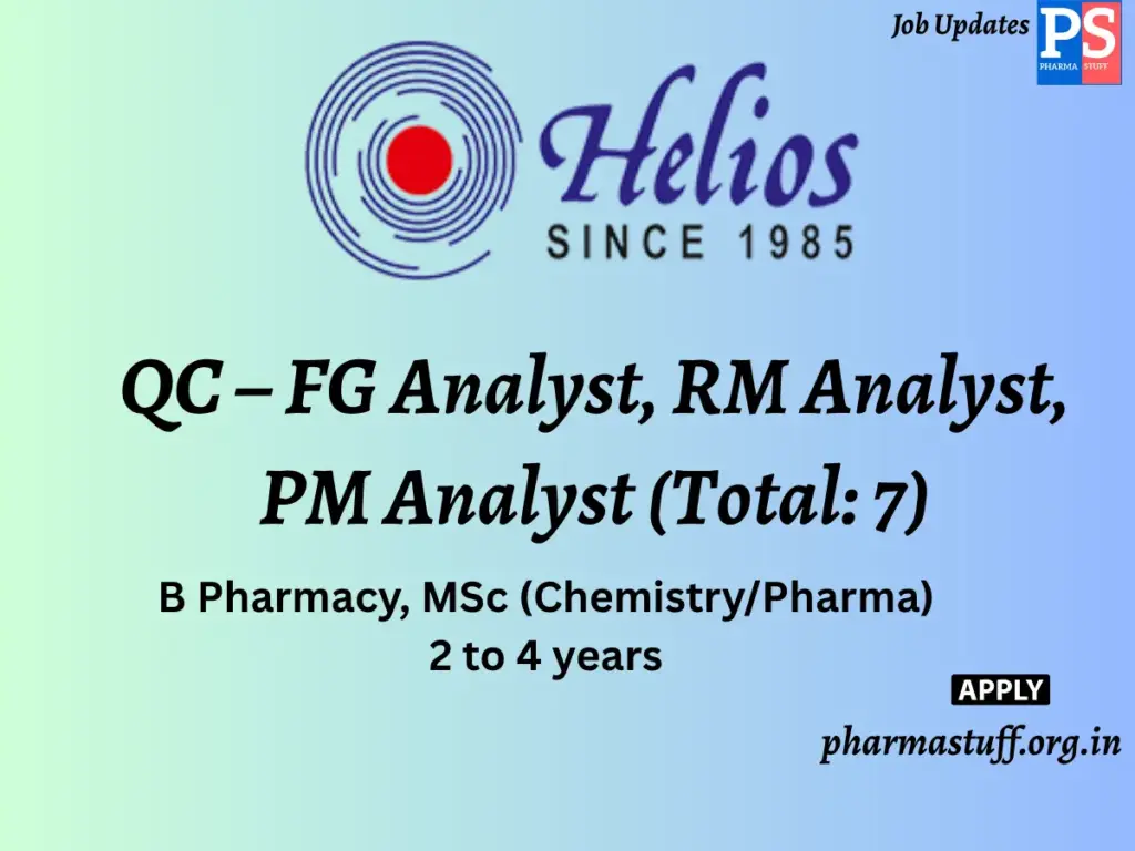 Helios Pharmaceuticals Hiring QC – FG Analyst, RM Analyst, PM Analyst (Total: 7)