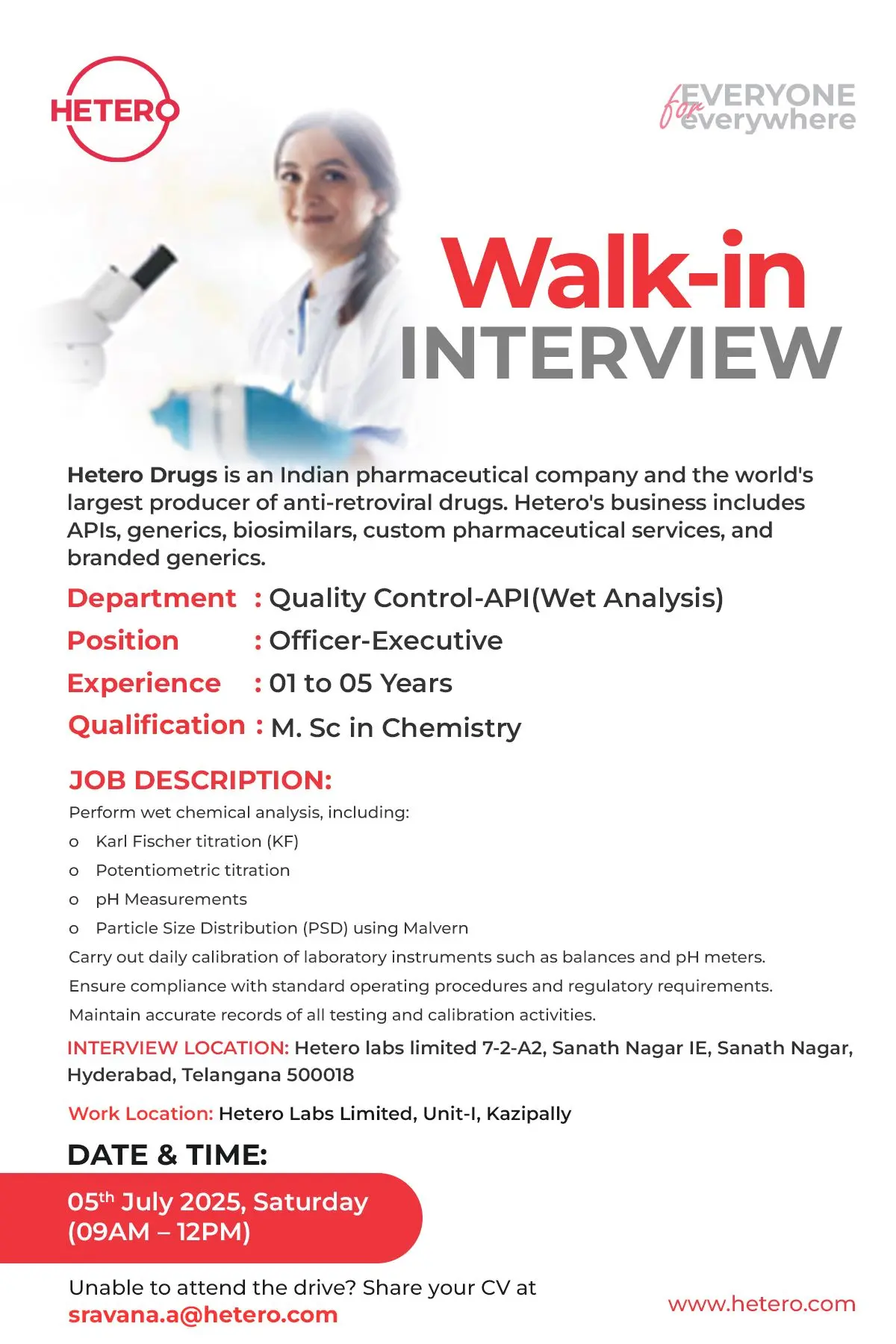 Hetero Labs walk-in QC-API (Wet Analysis) – Officer/Executive 2 Hetero Labs Hiring QC-API (Wet Analysis) – Officer/Executive