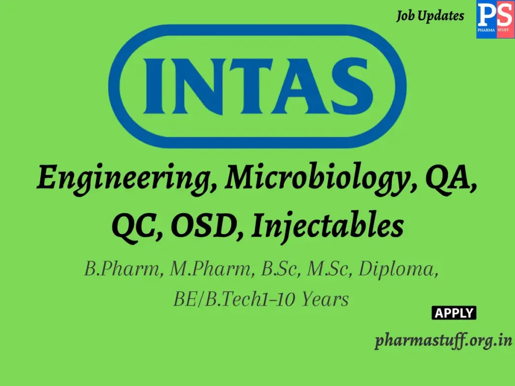 Intas Pharmaceuticals Walk-in Engineering, Microbiology, QA, QC, OSD, Injectables