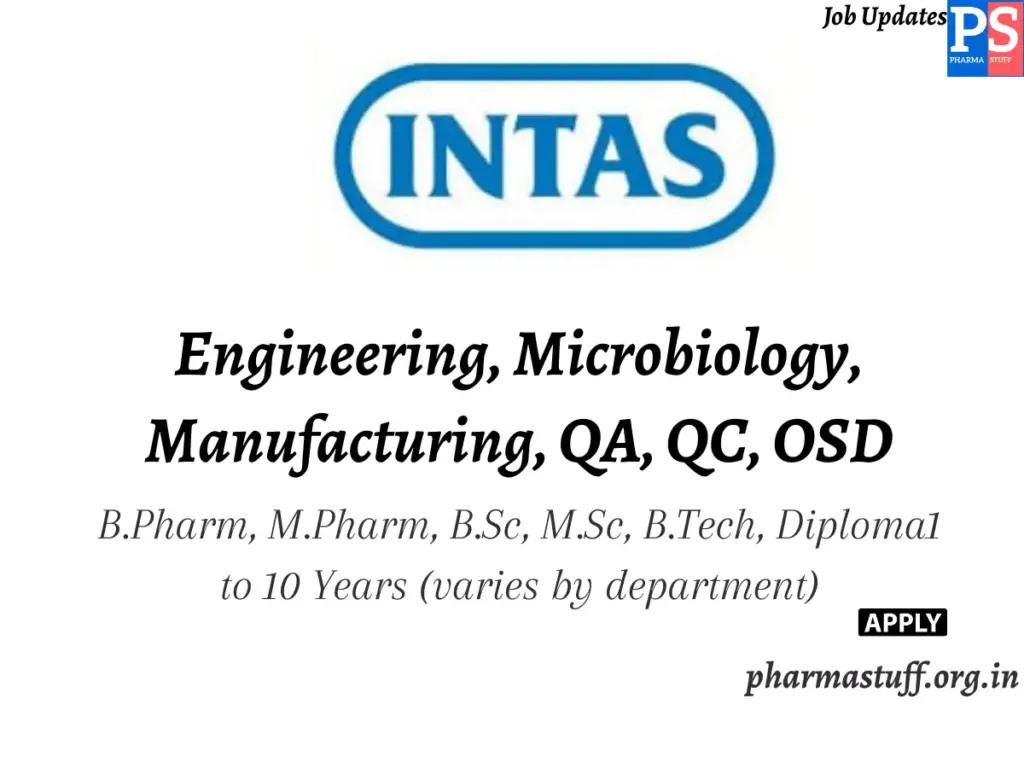 Intas Pharmaceuticals walk-in Engineering, Microbiology, Manufacturing, QA, QC, OSD
