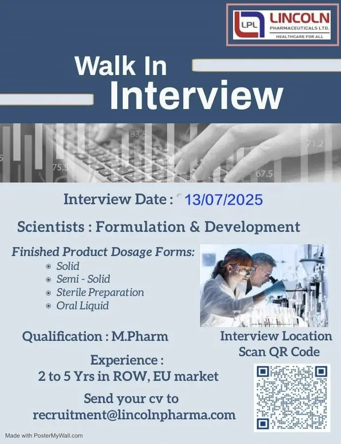 Lincoln Pharmaceuticals Walk-in Scientist - F&D Department 2 Lincoln Pharmaceuticals Walk-in Scientist - F&D Department