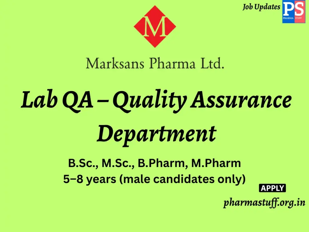 Marksans Pharma Hiring Lab QA – Quality Assurance Department