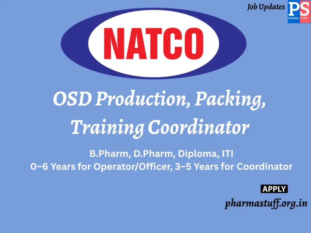 Natco Pharma WALK-IN OSD Production, Packing, Training Coordinator