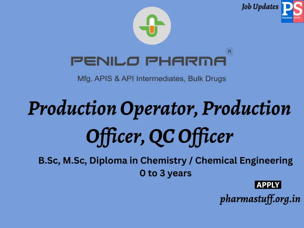 Penilo Pharma Hiring Production Operator, Production Officer, QC Officer