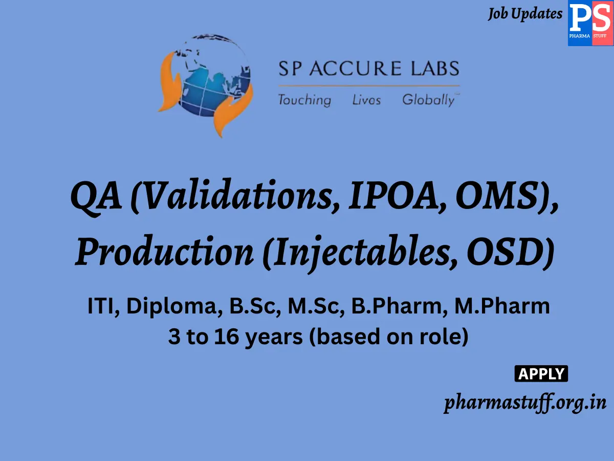 SP Accure Labs Walk In QA Validations IPOA OMS Production Injectables OSD