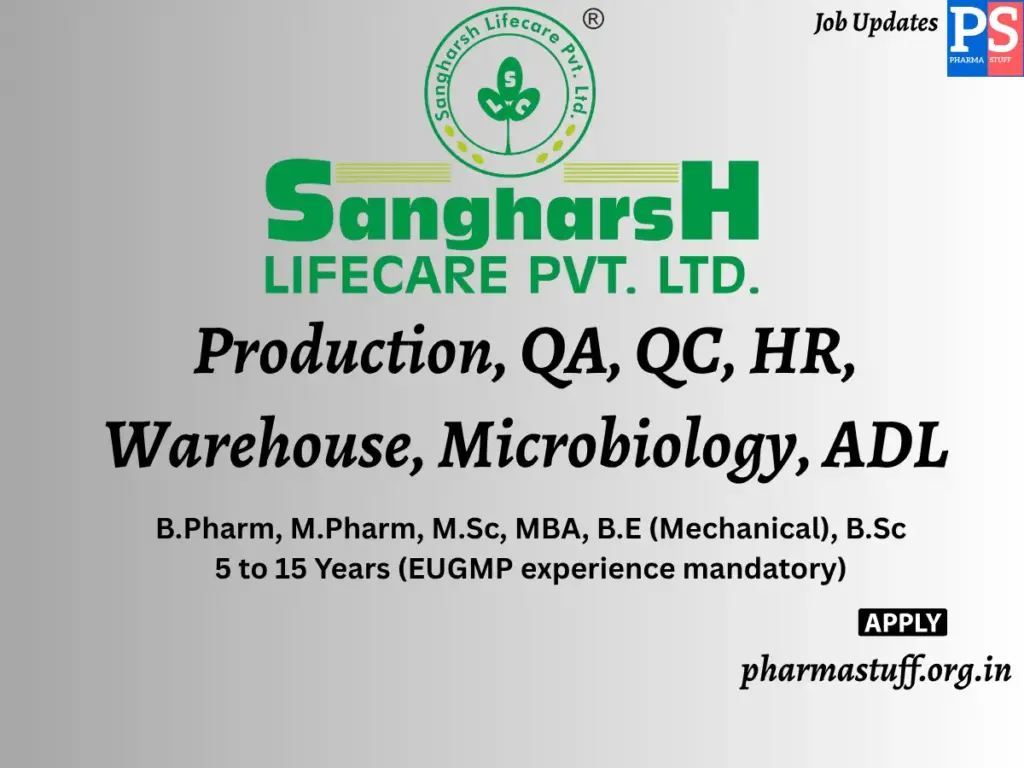 Sangharsh Lifecare Hiring Production, QA, QC, HR, Warehouse, Microbiology, ADL