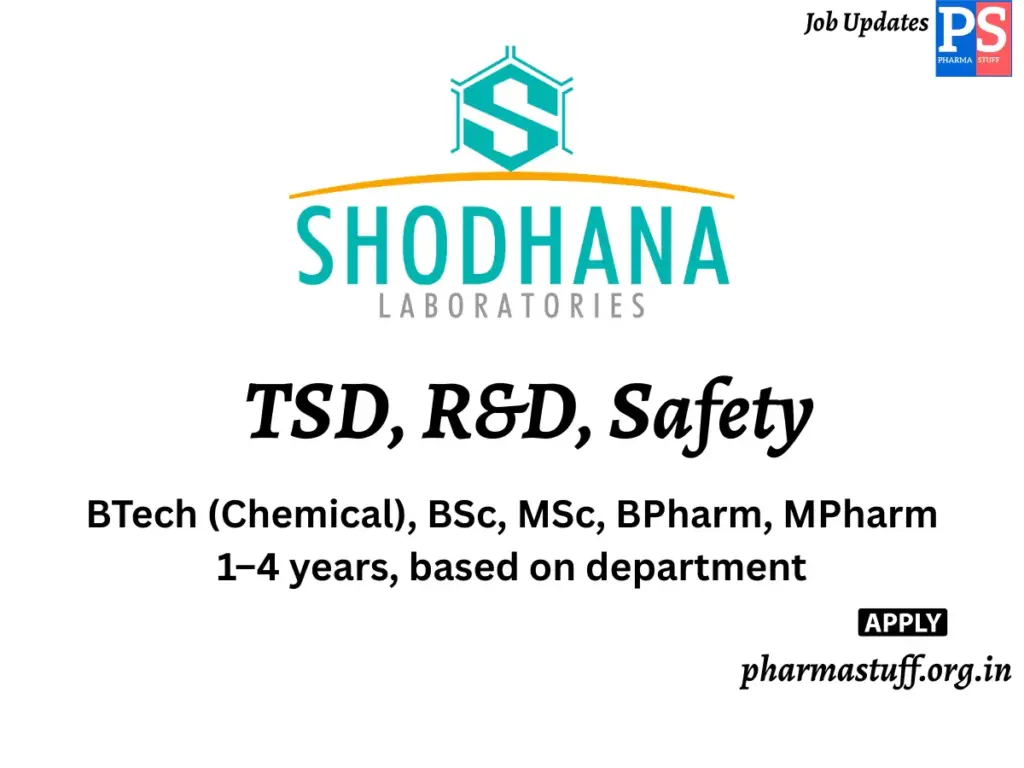 Shodhana Laboratories Hiring TSD, R&D, Safety