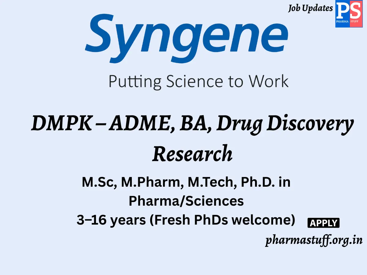 Syngene International Hiring DMPK – ADME BA Drug Discovery Research