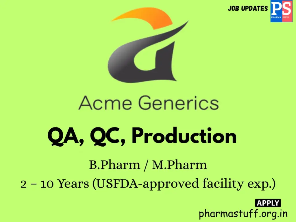 Acme Generics Hiring QA, QC, Production