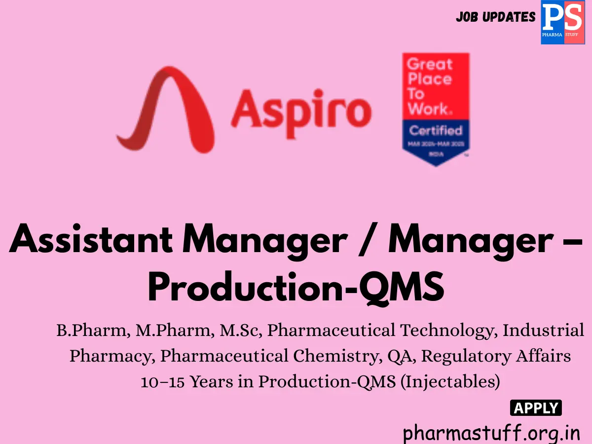 Aspiro Pharma Hiring Assistant Manager Manager – Production QMS