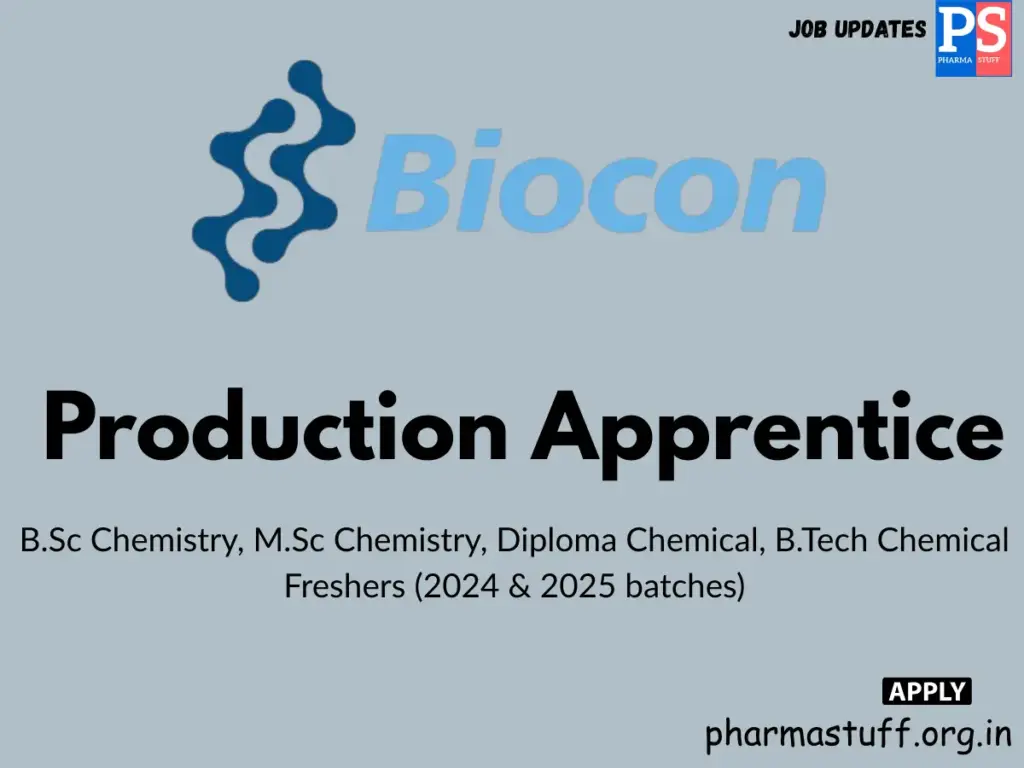 Biocon Walk-in for Production Apprentice roles