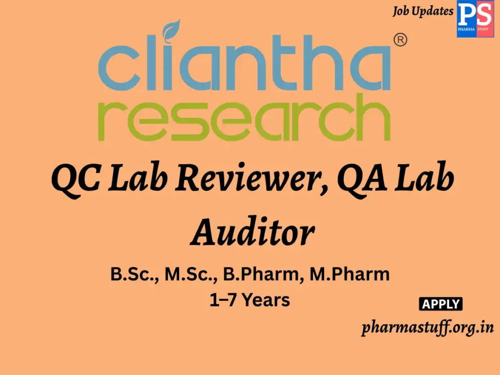 Cliantha Research Walk-In QC Lab Reviewer, QA Lab Auditor