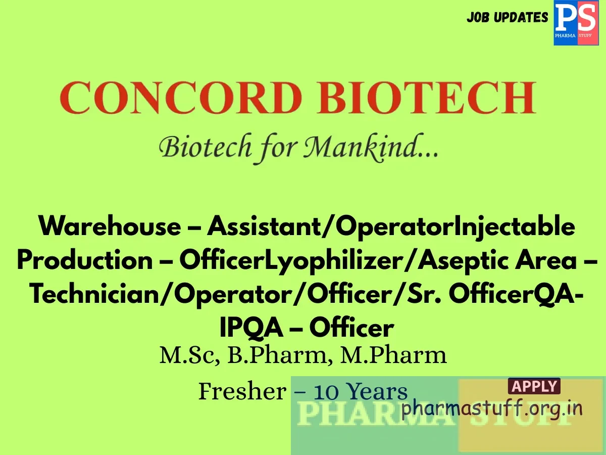 Concord Biotech walk in Warehouse – AssistantOperatorInjectable Production – OfficerLyophilizerAseptic Area – TechnicianOperatorOfficerSr. OfficerQA IPQA – Officer