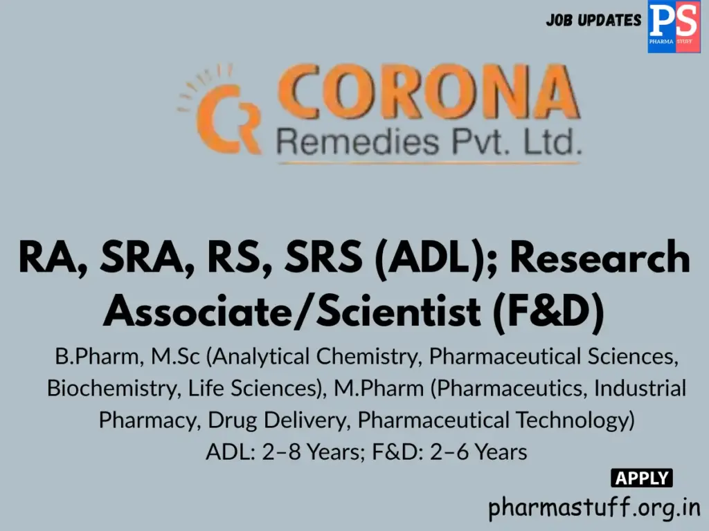 Corona Remedies Hiring RA/SRA/RS/SRS,Research Associate/Scientist