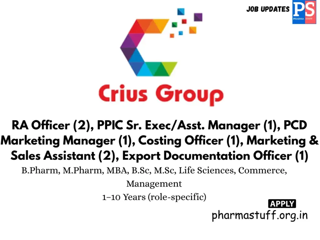Crius Group Hiring RA, PPIC, Marketing, Sales, Costing & Export