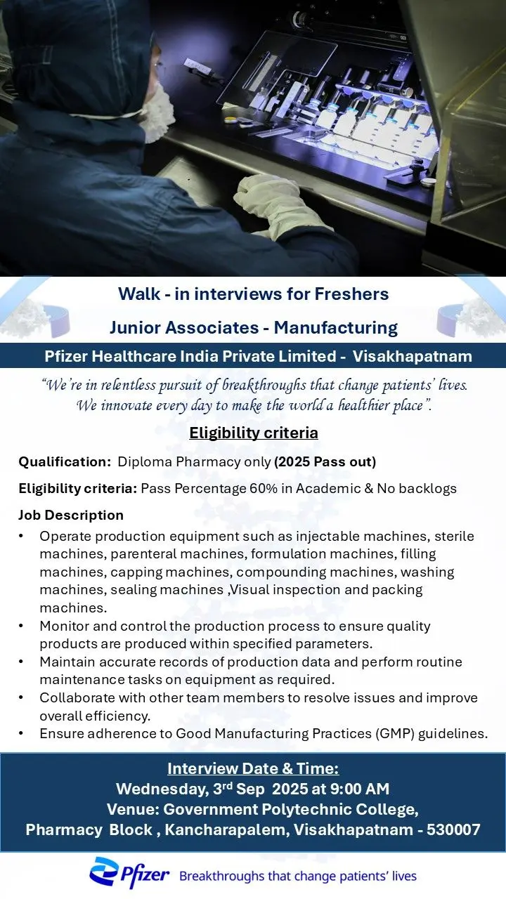 Diploma Pharmacy Freshers – Junior Associate Vacancies at Pfizer Visakhapatnam