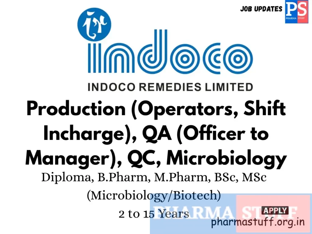 Indoco Remedies Walk-in Production (Operators, Shift Incharge), QA (Officer to Manager), QC, Microbiology