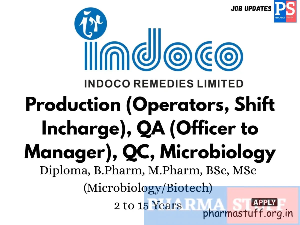 Indoco Remedies Walk in Production Operators Shift Incharge QA Officer to Manager QC Microbiology