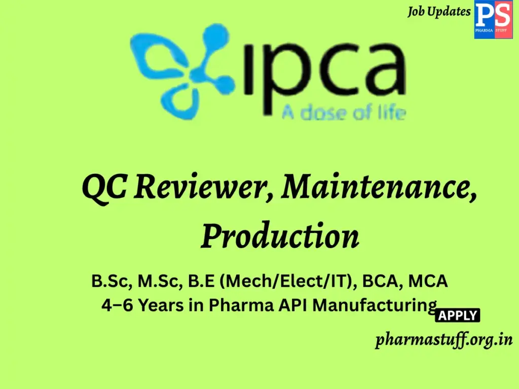 Ipca Laboratories Hiring QC Reviewer, Maintenance, Production