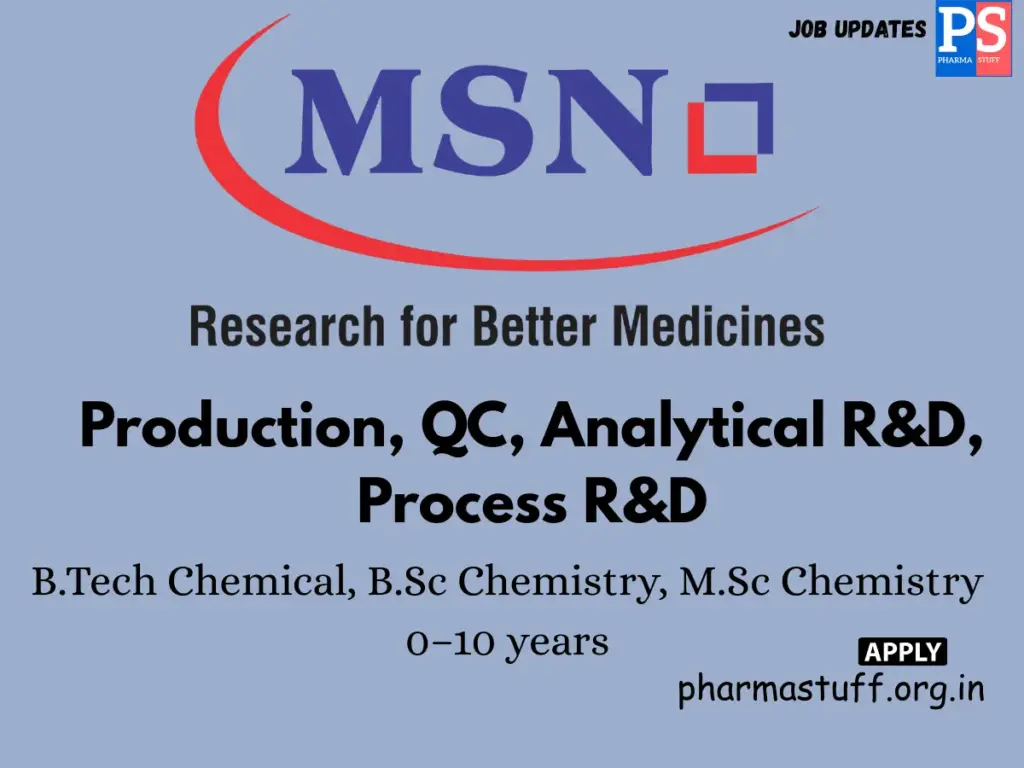 MSN Laboratories Walk-in Production, QC, Analytical R&D, Process R&D
