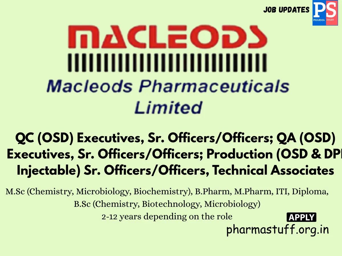 Macleods Pharmaceuticals Walk in Quality Control QC Quality Assurance QA and Production
