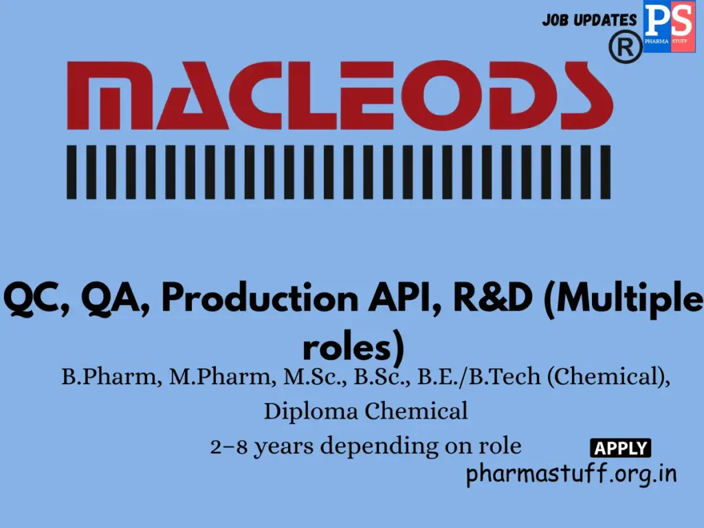 Macleods Walk-in QC, QA, Production API, R&D (Multiple roles)