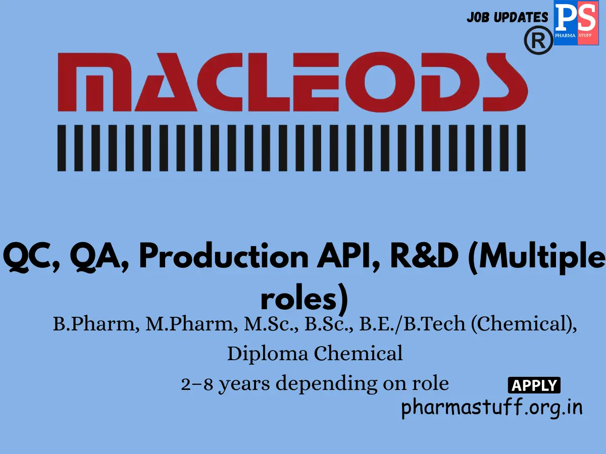 Macleods Walk in QC QA Production API RD Multiple roles