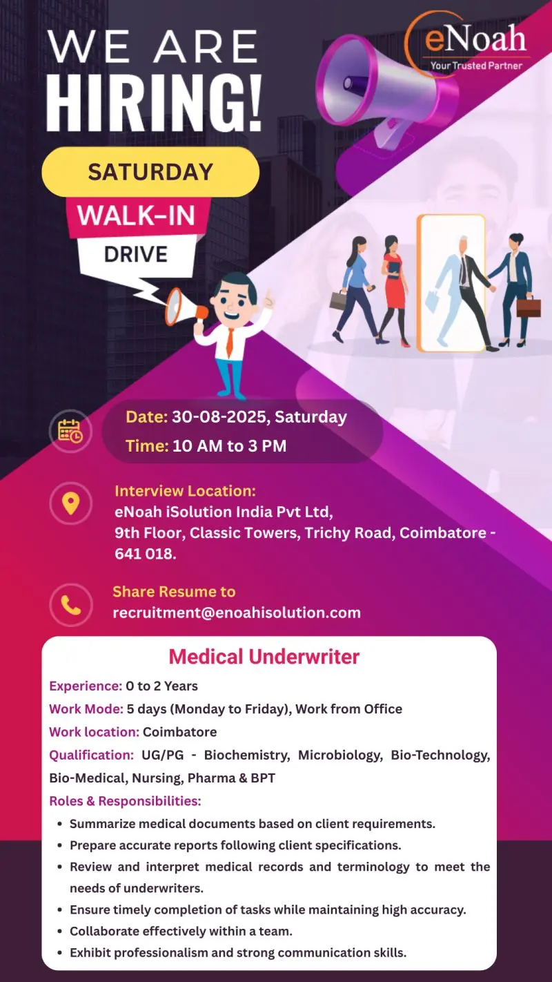 Medical Underwriter Freshers Openings – eNoah Coimbatore