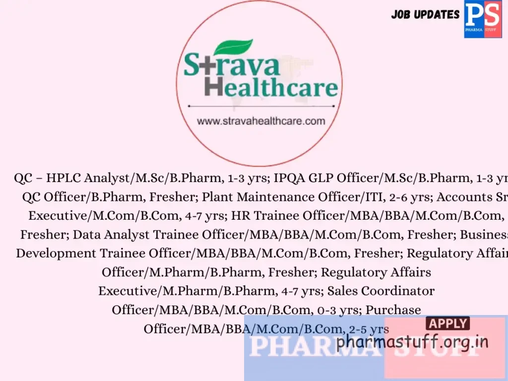 Strava Healthcare Walk-in QC, HR, Sales, Regulatory, Plant, and Accounts