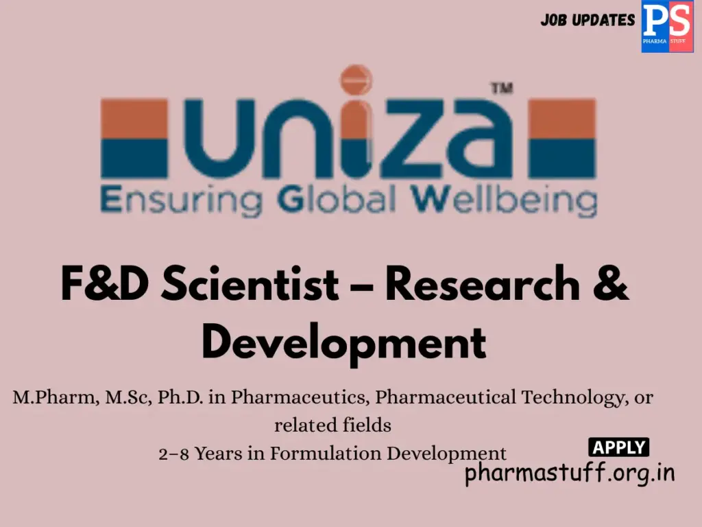 Uniza Group Hiring F&D Scientist – Research & Development