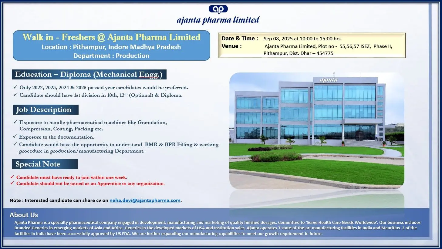 Ajanta Pharma Walk-in Freshers (Diploma Mechanical) 3 Ajanta Pharma Walk-in Freshers (Diploma Mechanical)