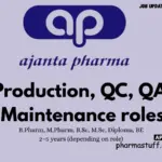 Ajanta Pharma walk-in Production, QC, QA & Maintenance.