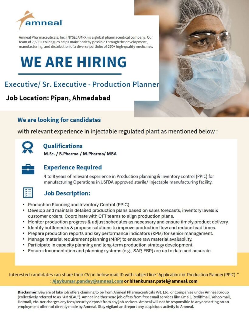 Amneal Pharmaceuticals Hiring Executive/Sr. Executive Production Planners