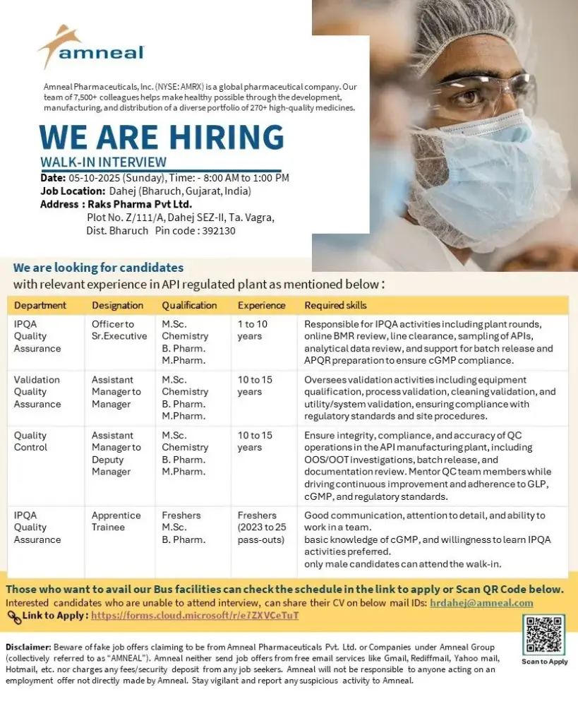 Amneal Pharmaceuticals Walk-in QA, QC & Trainee 1 Amneal Pharmaceuticals Walk in QA QC Trainee 1