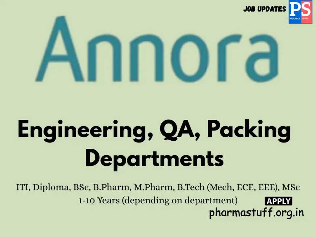 Annora Pharma walk-in Engineering, QA, Packing Departments