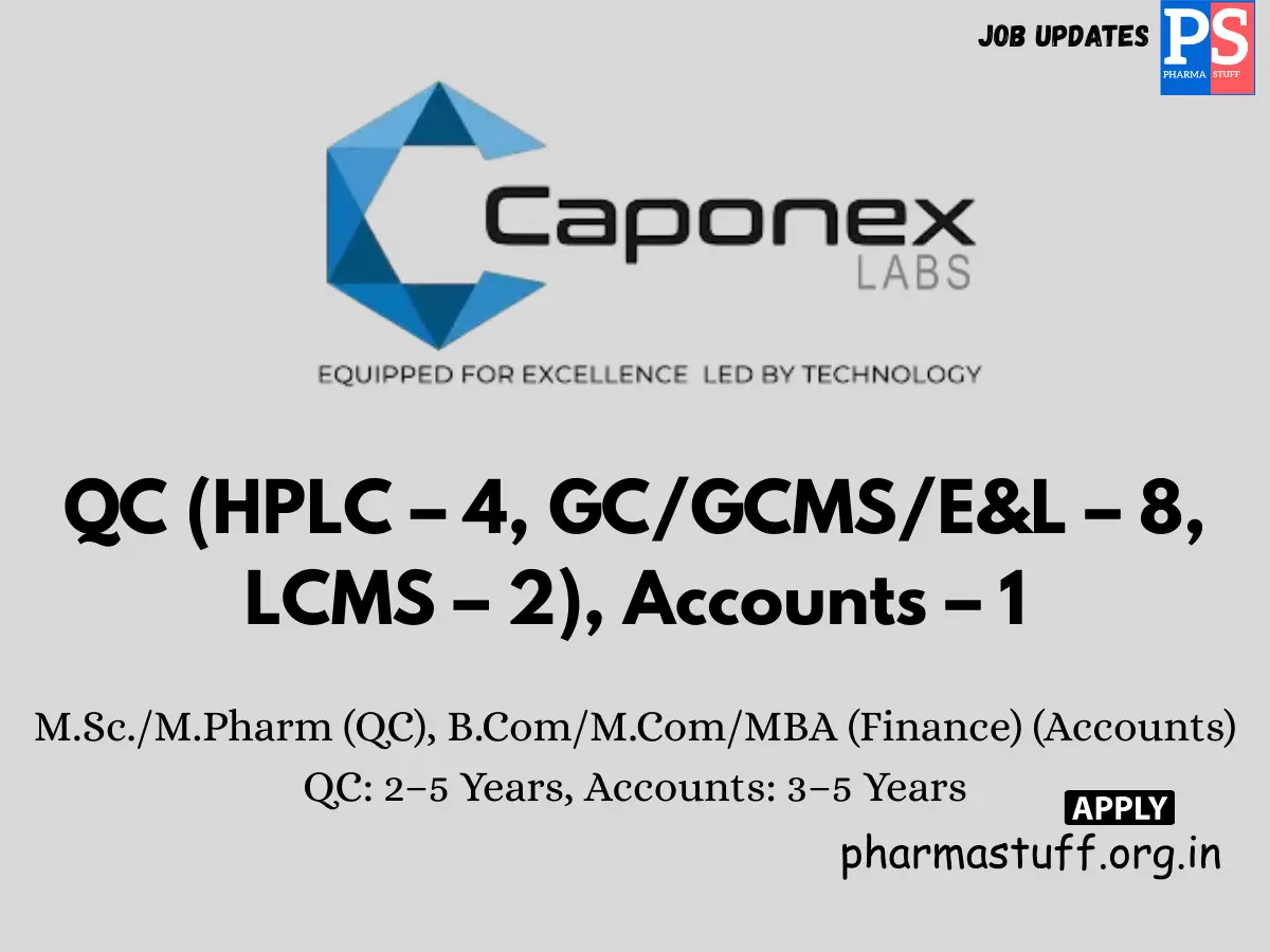 Caponex Labs Walk in QC Analysts Accounts Officers